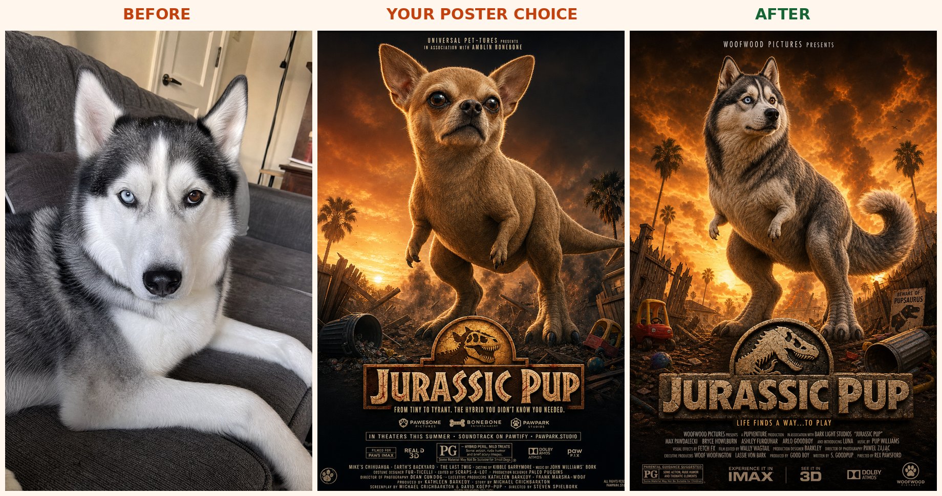 Before and after comparison of a husky photo transformed into Jurassic Pup poster art