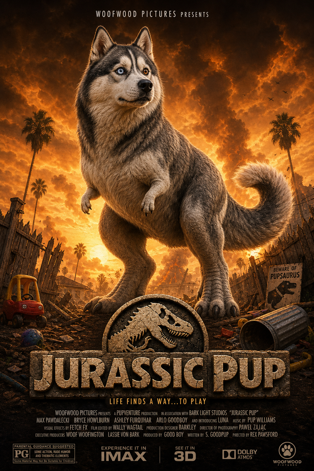 A husky reimagined as the star of a Jurassic movie poster