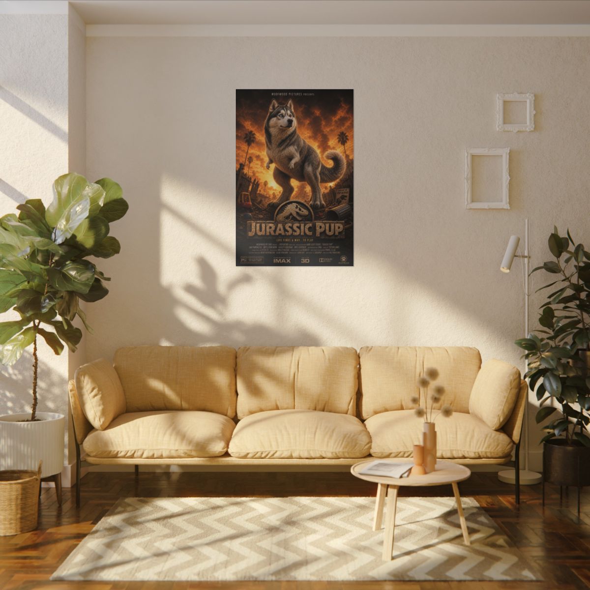 A 32 by 48 stretched canvas pet poster displayed above a sofa