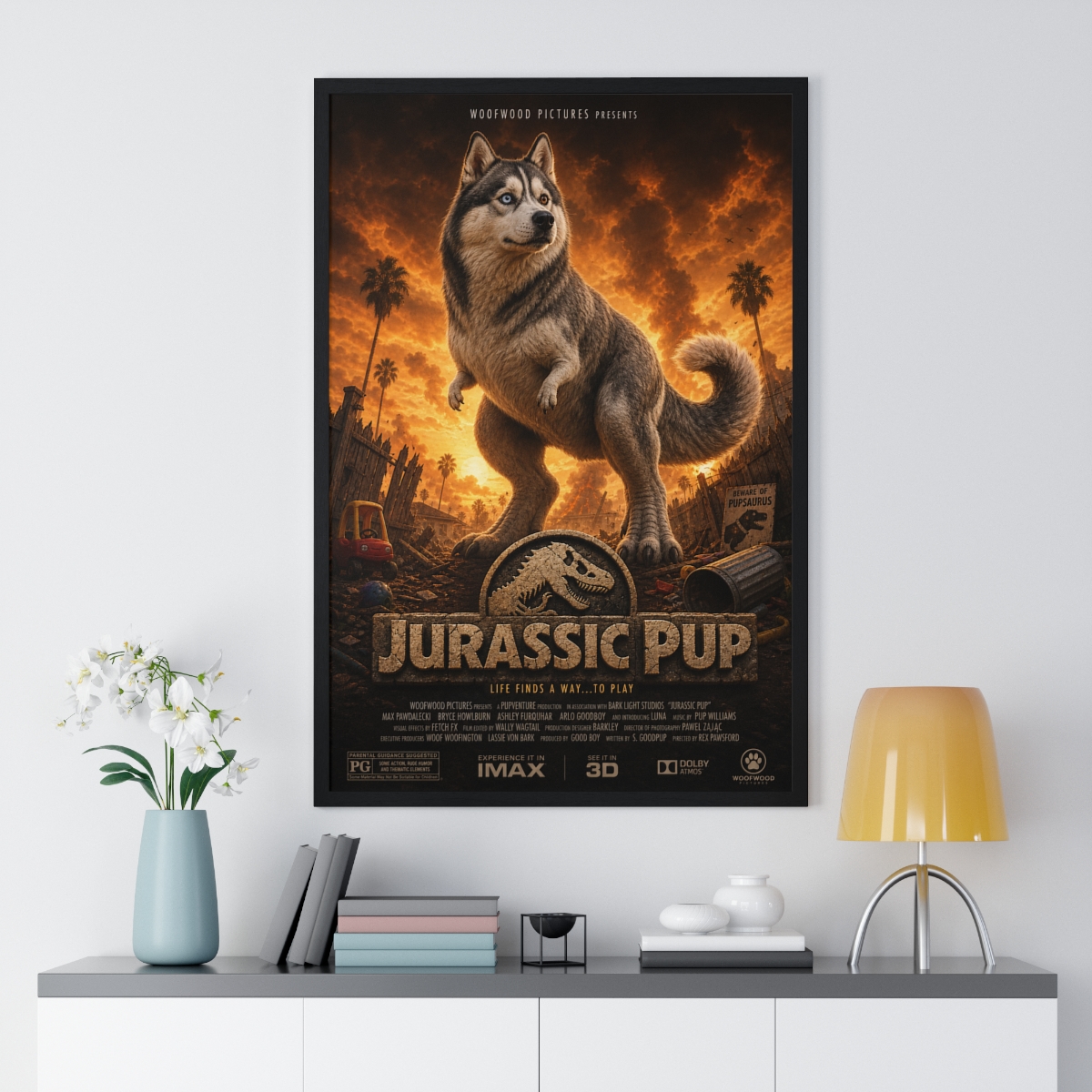 A 24 by 36 framed canvas pet poster displayed in a living room